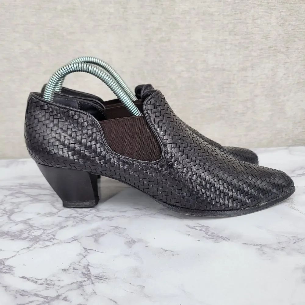 Sesto Meucci Vintage Black Woven Italian Leather Heeled Booties Women's Shoes